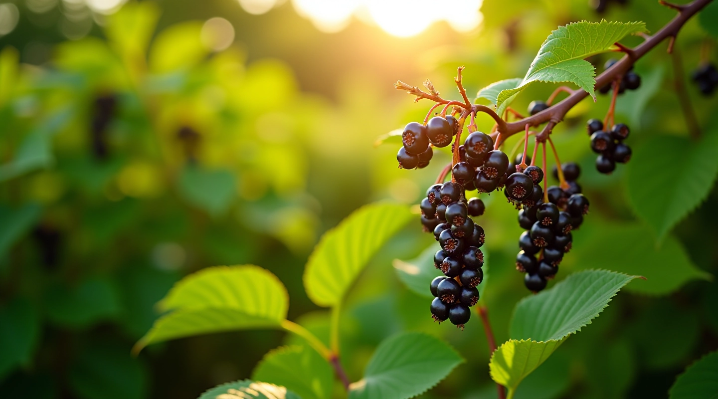 Mature blackcurrant bushes with dark berries in full sun on a summer afternoon