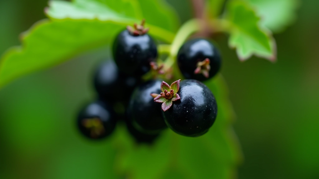 Close-up of blackcurrant berries at harvest stage