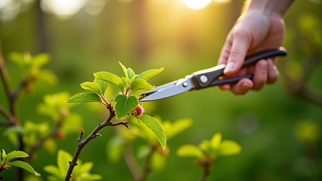Gooseberry bushes being pruned in early spring with green shoots emerging