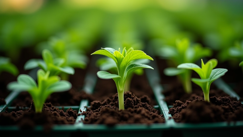 Close-up of blackcurrant seedlings in seed trays with soil ready for planting